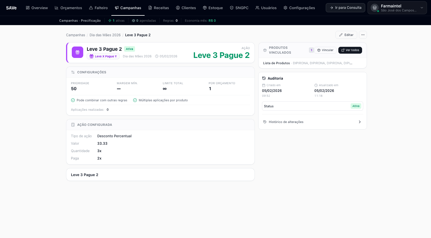 Tela de regras de preço