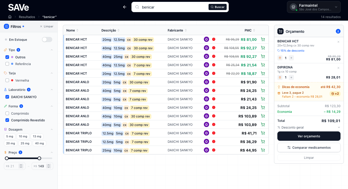 Tela de resultados de busca de medicamentos